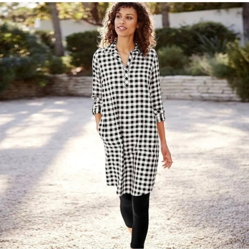 J Jill Gingham Tunic Shirt Dress Roll Tab Sleeves Pockets Size large